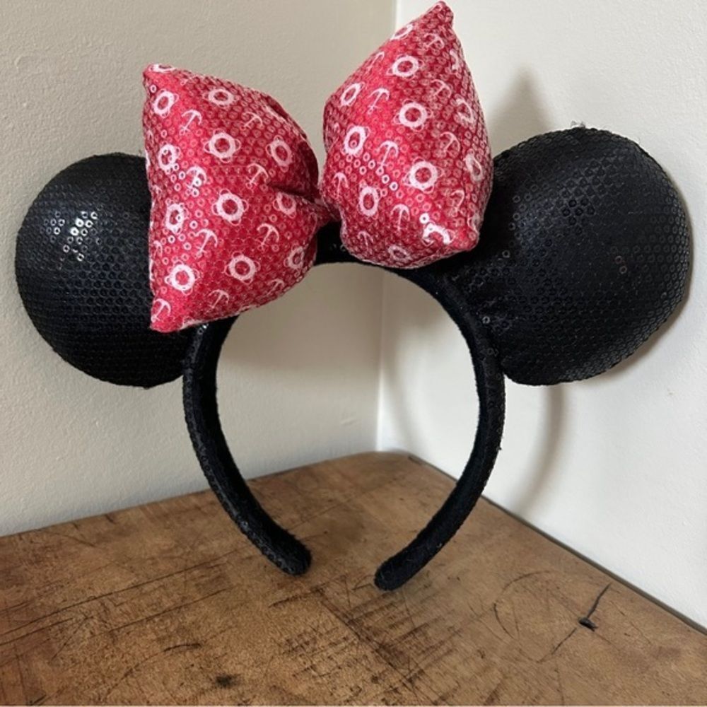 Disney Sequin Minnie Mouse Ears Headband w/ Sailor Cruise Ship Anchor Print Bow